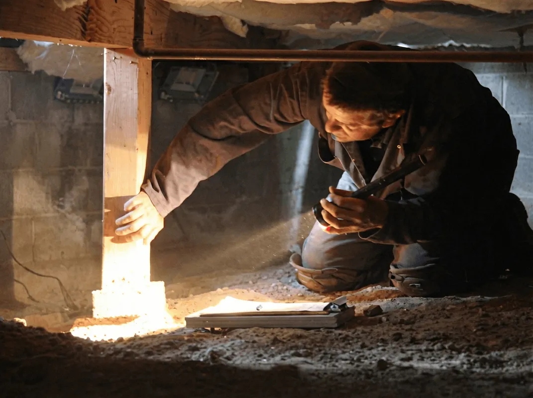 A professional inspecting wooden beams under the floor of a structure in Boise, ID