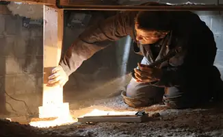 A professional inspecting wooden beams under the floor of a structure in Boise, ID